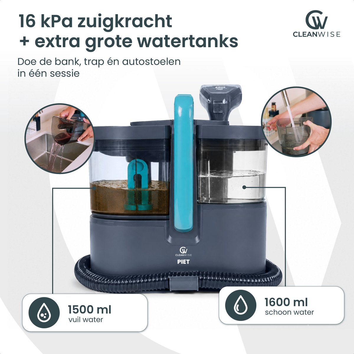 CleanWise Piet Vlekkenreiniger - Stoomfunctie tot 100°C – Krachtige 1800W Tapijtreiniger - 4-in-1 Stoomreiniging voor Vloer, Bank, Badkamer, matras & Tapijt - Stoomreiniger & Zetelreiniger - Inclusief reinigingsmiddel thumbnail 6