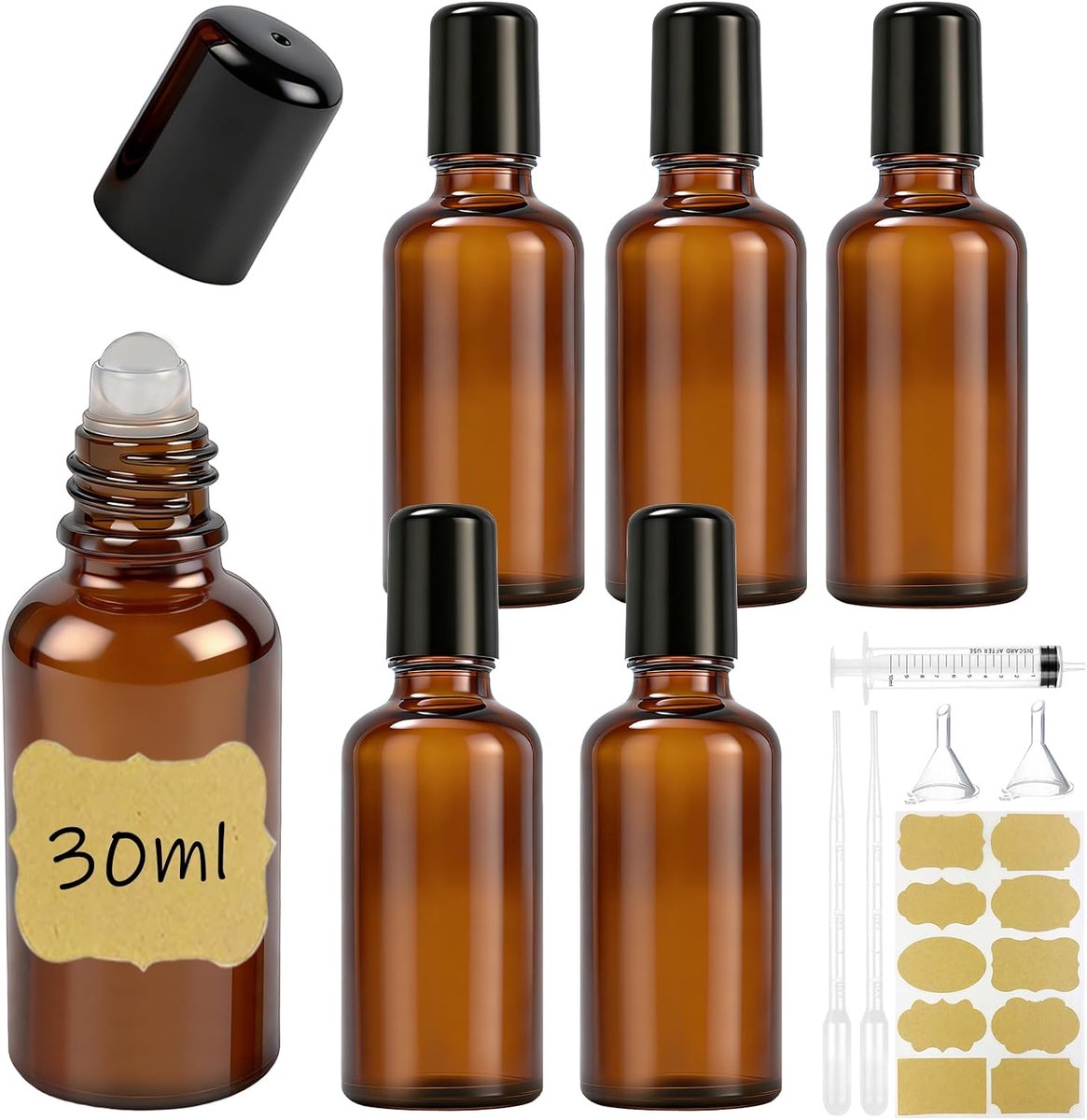 Rollerflessen 30ml - amber glas - met accessoires - ideaal voor essentiële oliën - SnelShoppen