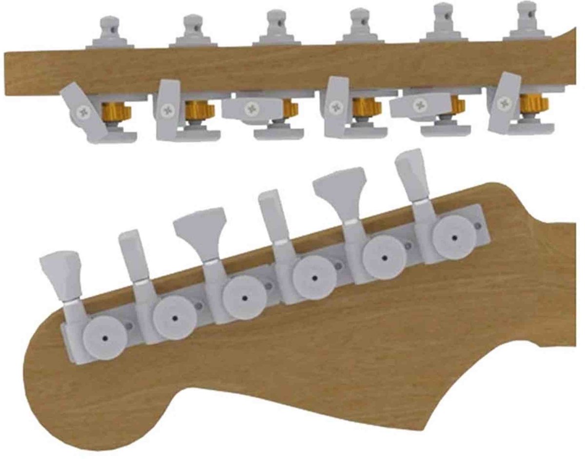 Hipshot HS6K1GL0SST Gitaar tuner upgrade kit, 6 inline Grip-Lock, open satin staggered