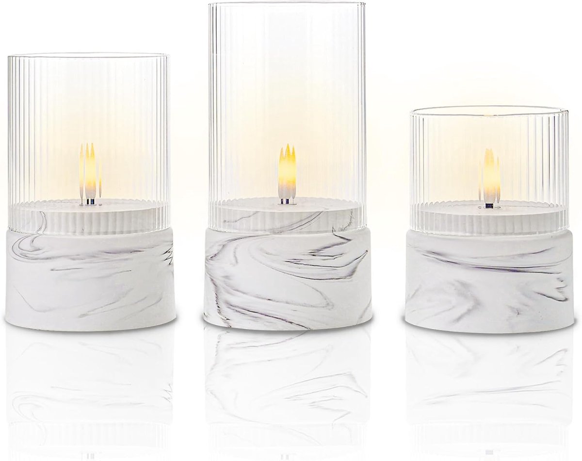 SnelShoppen - 3 Flameless LED Kaarsen met Timer in Marmerlook Grijs en Wit, Batterij Aangedreven Glazen Kaarsen voor Huisdecoratie en Kerst, H 10/12.5