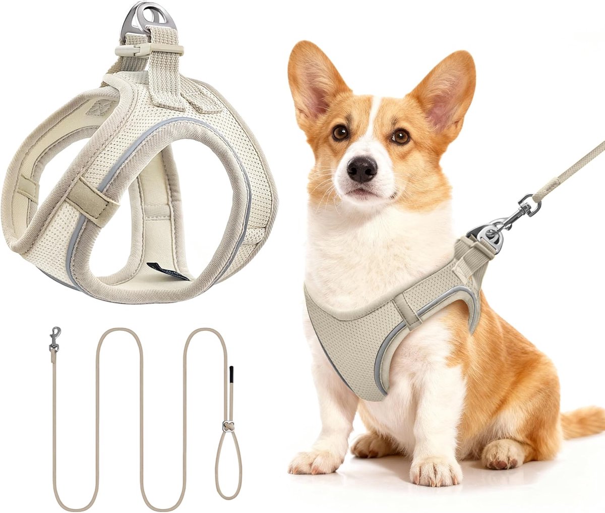 SnelShoppen - Dog Harness met Leash - Ademend, Verstelbaar, Reflecterend - Hondenharnas voor Puppies, Kleine Honden en Katten - Beige M, 255 cm - Idea