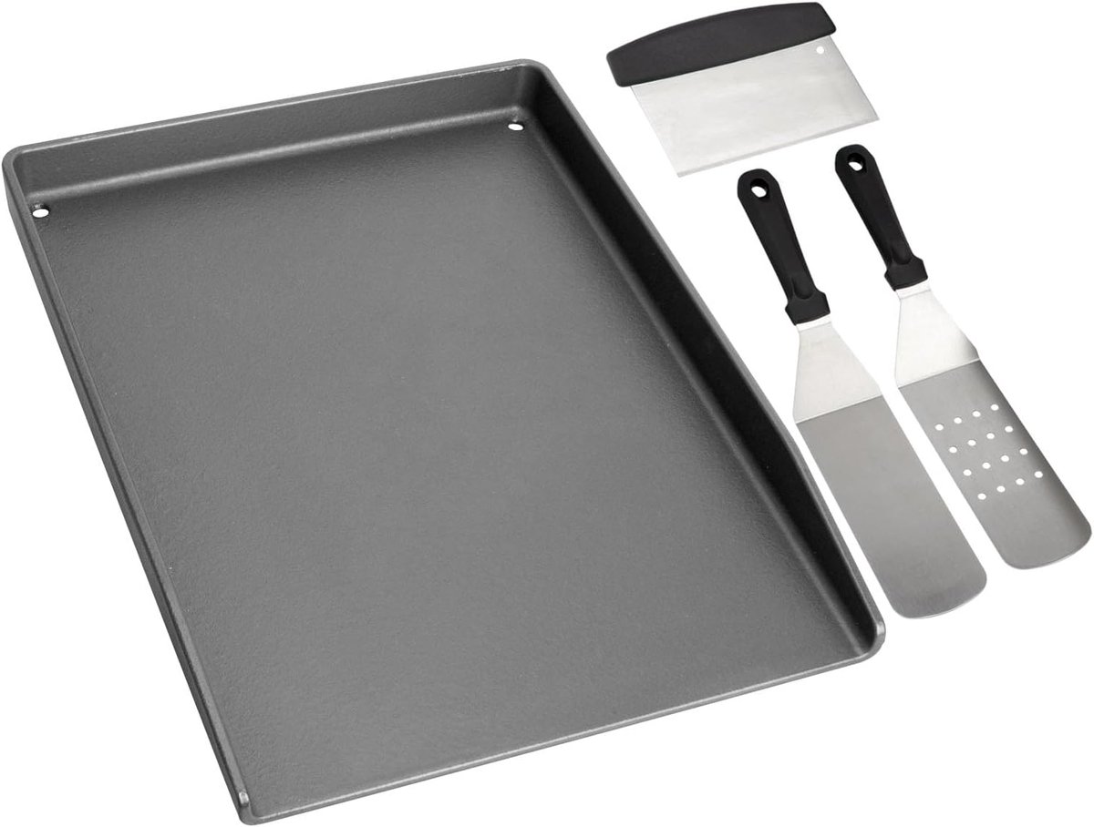 Plancha grillplaat 40 x 30 cm - gietijzer - met spatelset en accessoires - ideaal voor barbecueën - SnelShoppen
