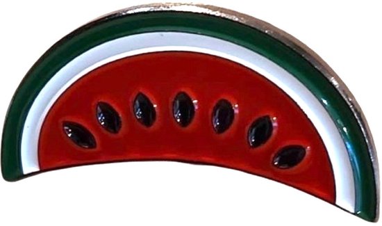 Broche émail représentant une tranche de pastèque, avec pulpe rouge, ziste blanc et écorce verte.