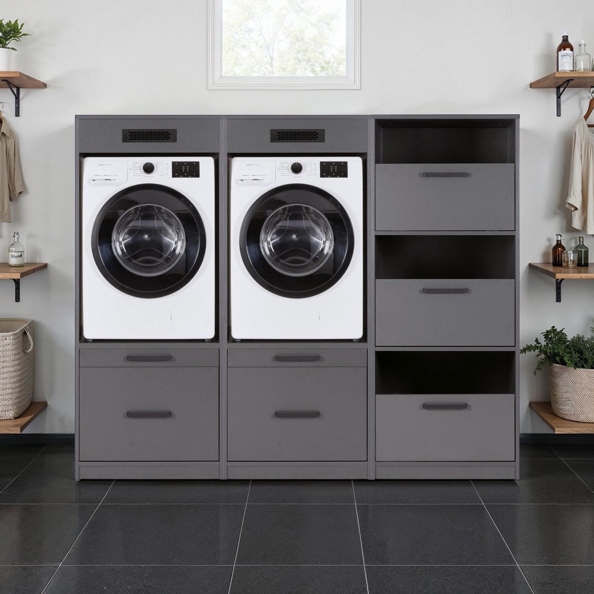 Interlink Lifestyle Studio Flow wasruimtecombinatie Bundel 1 antraciet - Complete wasruimte met 3 elementen - 2 wasmachinekasten en wasmandkast - Softclose - 201 x 68 x 164 cm