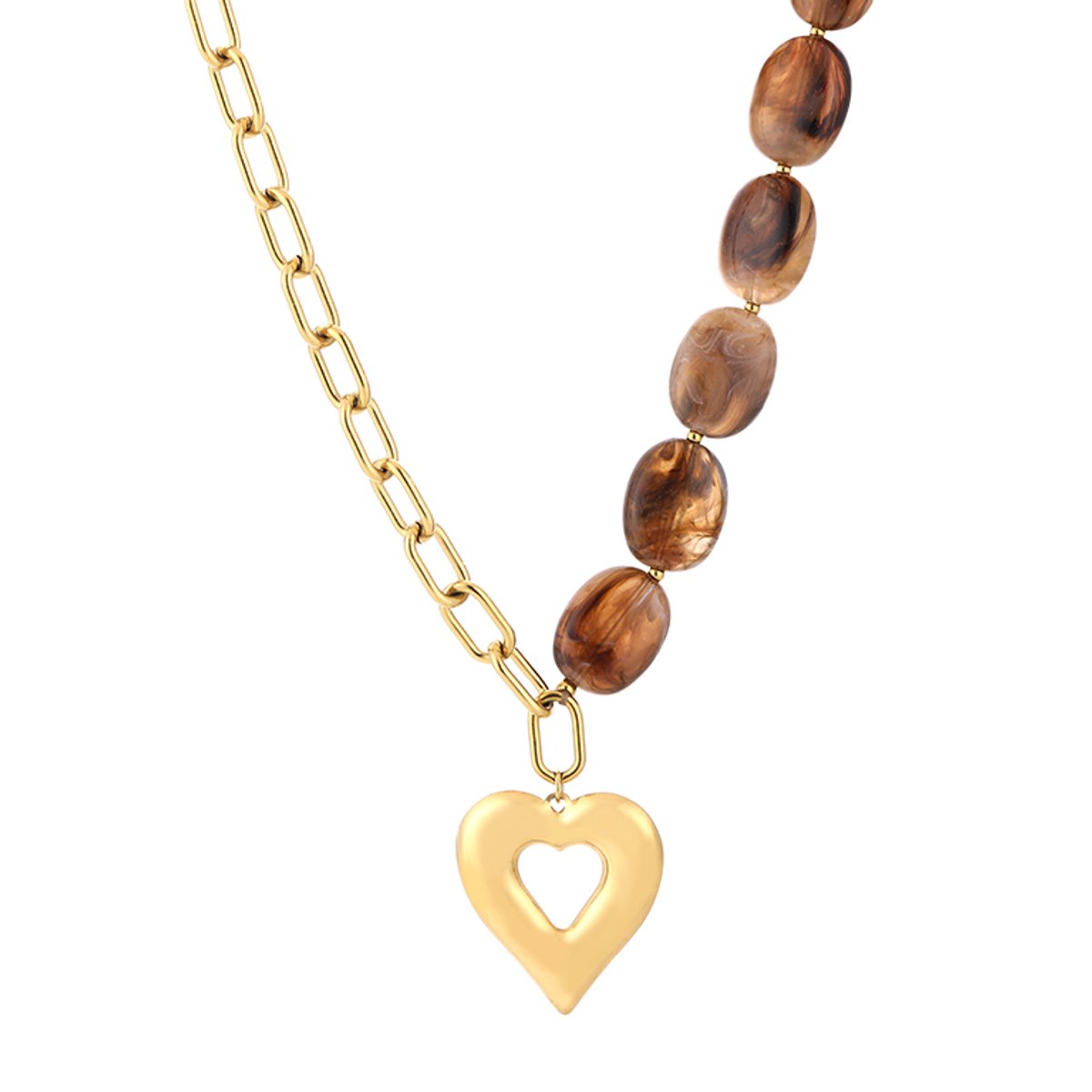 Asymmetrical Link & Oval Resin Bead Heart Pendant Chain Necklace – Kralen Ketting met Hart – RVS - Bruin
