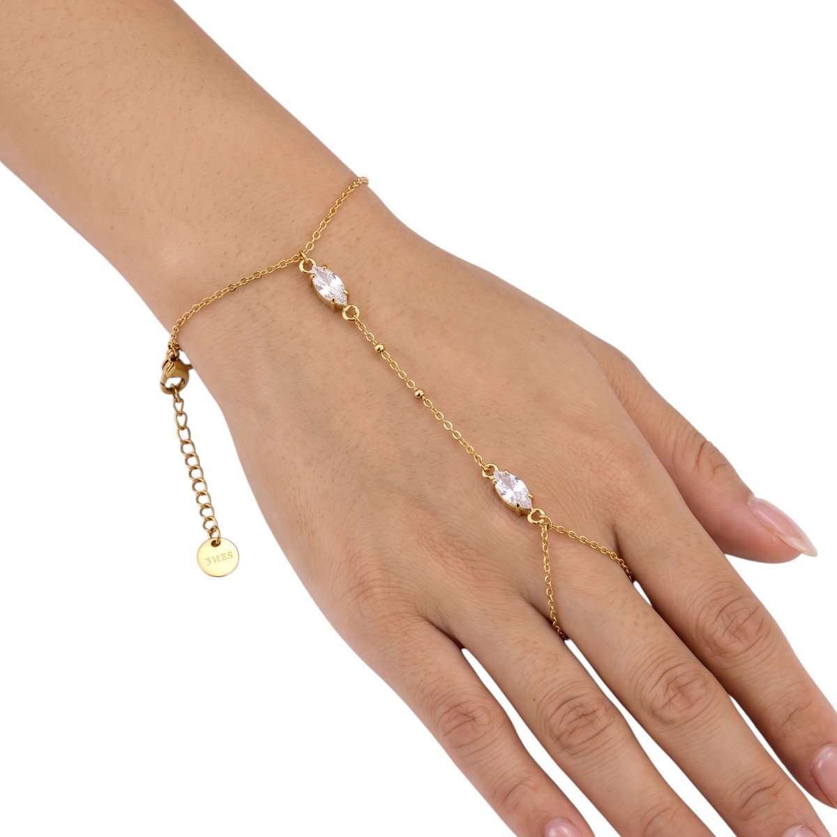 Hand Armband met Vingerring & Ovale Zirkonia Steentjes - Roestvrij Staal (RVS) - Fijnmazige Handketting met Glanzende Kristallen - Finger Chain - Sieraden Cadeau Vrouw