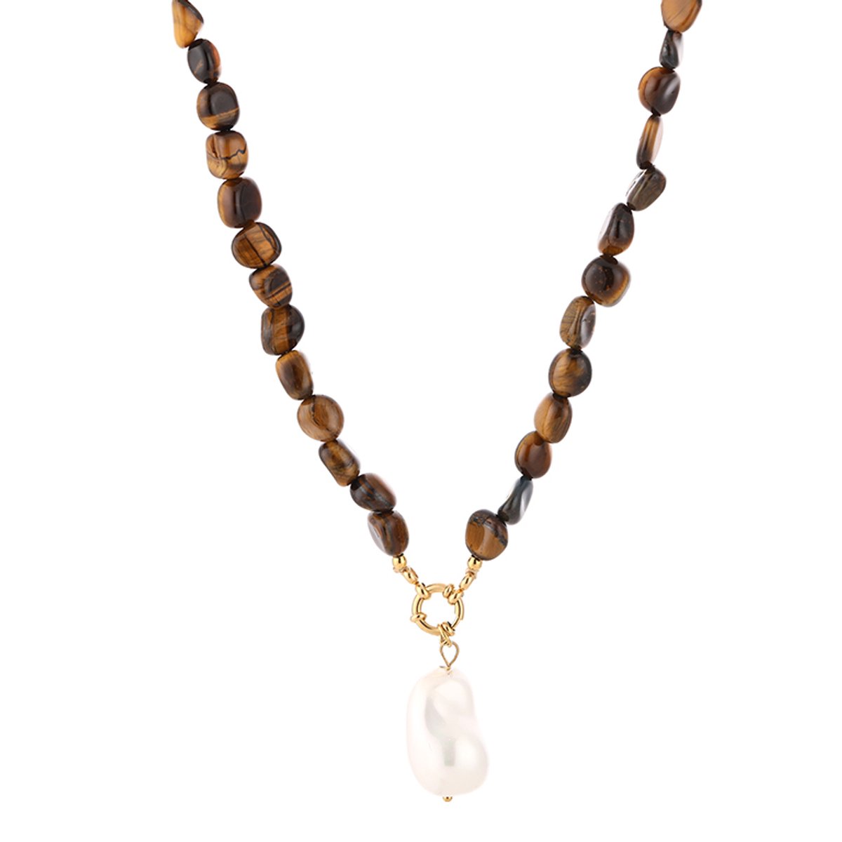 Natural Gemstone Chip Beads Baroque Pearl Chain Necklace – Luxe Kralen Ketting met Parel – RVS - Tiger