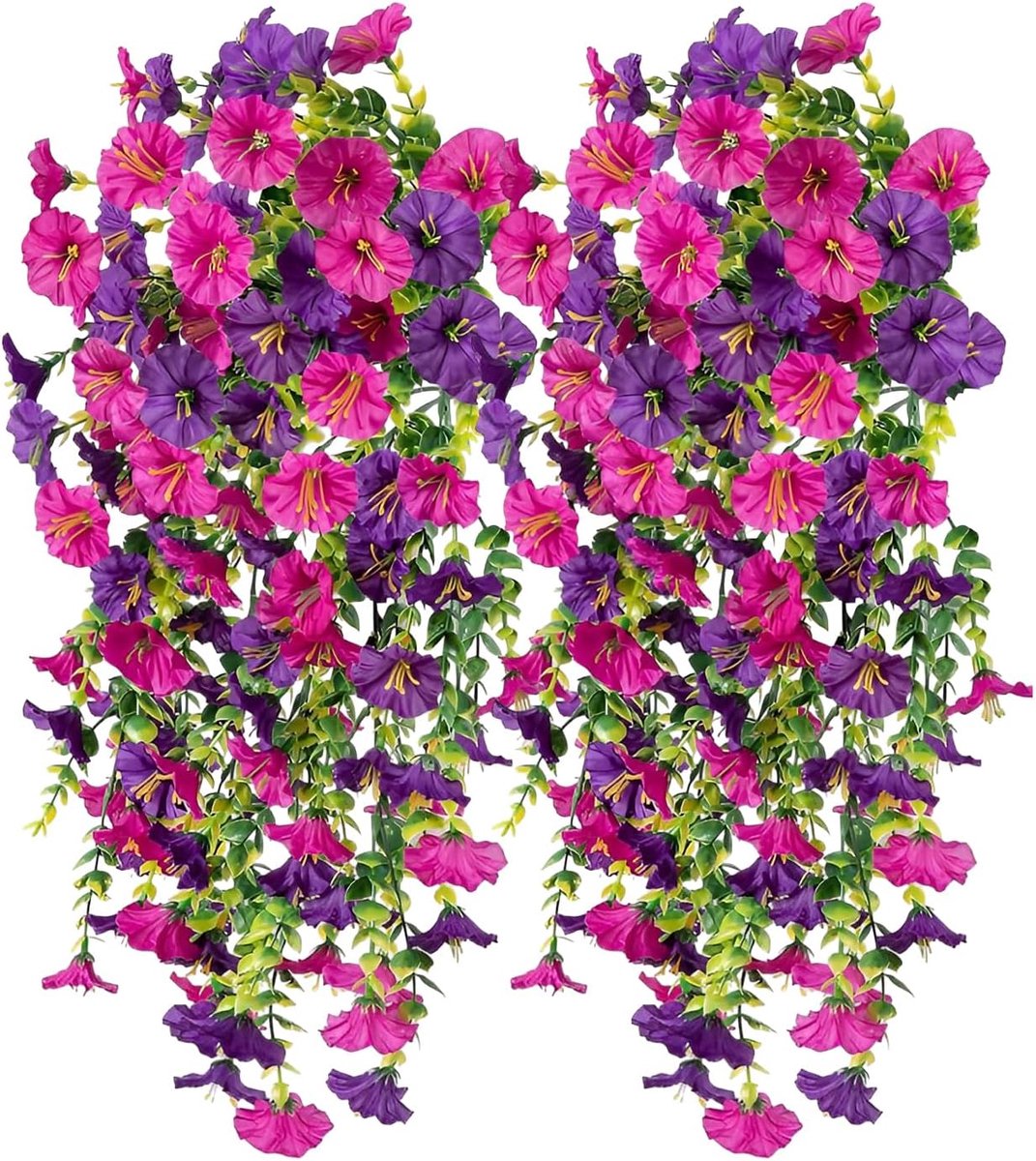 SnelShoppen - 4 stuks kunstmatige Morning Glory hangplant 75 cm, weerbestendige kunstbloemen voor buiten, wanddecoratie, tuin, veranda, balkonplanten