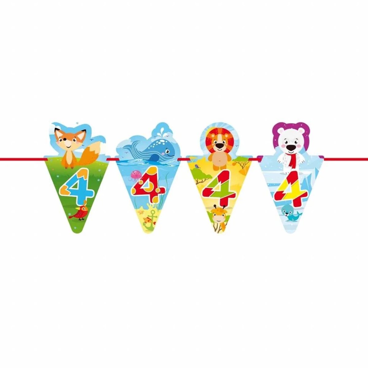 2 stuks Dieren Vlaggenlijn / Slinger 4 jaar, Dieren, 6 meter Slinger, Vos, IJsbeer, Dolfijn, Leeuw, Dubbelzijdig, Verjaardag, Versiering, Jubileum, Feest, Kind, Kinderopvang, Peuter, Kinderfeest, School, Dier, Dieren, Groep 4