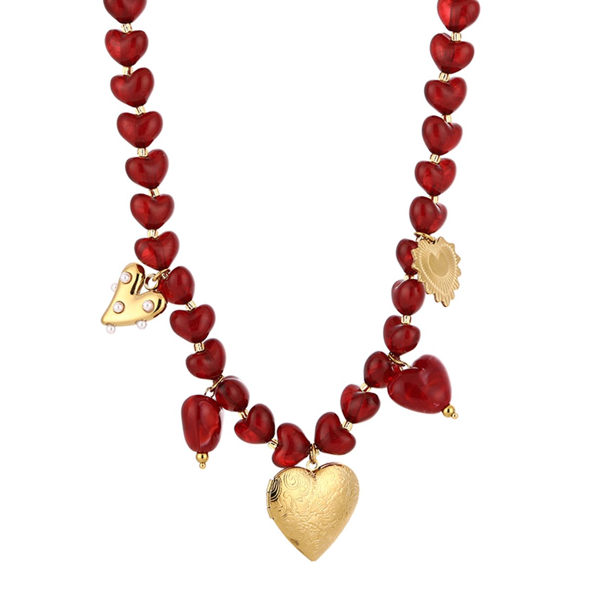 Beaded Heart Charm Chain Necklace – Luxe Kralen Ketting met Bedels – RVS - Donker Rood