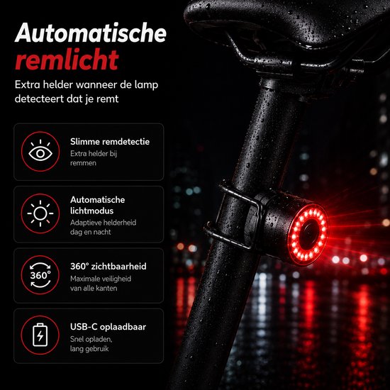 Wieport Fiets Achterlicht met Remsensor - voor Zadel & Zadelpen - USB C oplaadbaar - Zwart — afbeelding 3