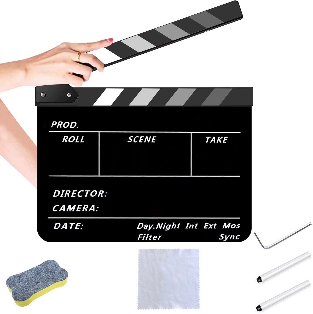 SnelShoppen - Klapbord voor films, scène, acryl klapbord, zwart-grijs met gratis kit, regieklapbord, filmrekwisieten, gekleurde strepen, voor opnames,