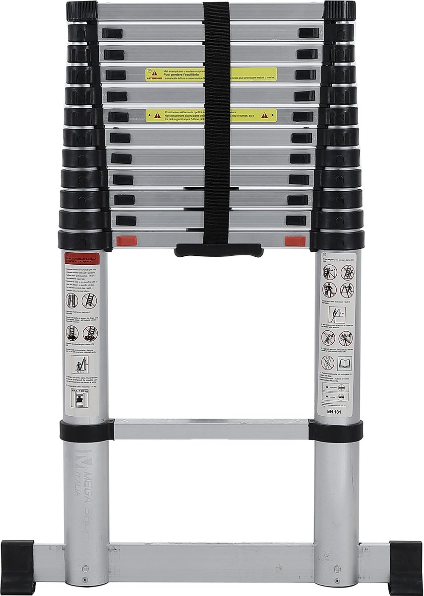 SnelShoppen - Telescoopladder Vouwladder Softclose Aluminium Uitschuifbare Ladder 3,80 m met Zijwieltjes voor Tuin, Klussen en Thuisgebruik