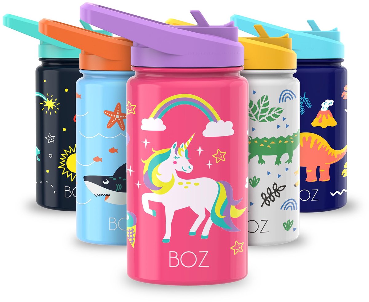 SnelShoppen - BOZ Kinder Drinkfles met Rietje en Deksel, Geïsoleerde RVS Fles voor School en Sport, Vaatwasserbestendig, Lek- en Spillproof, BPA-vrij,