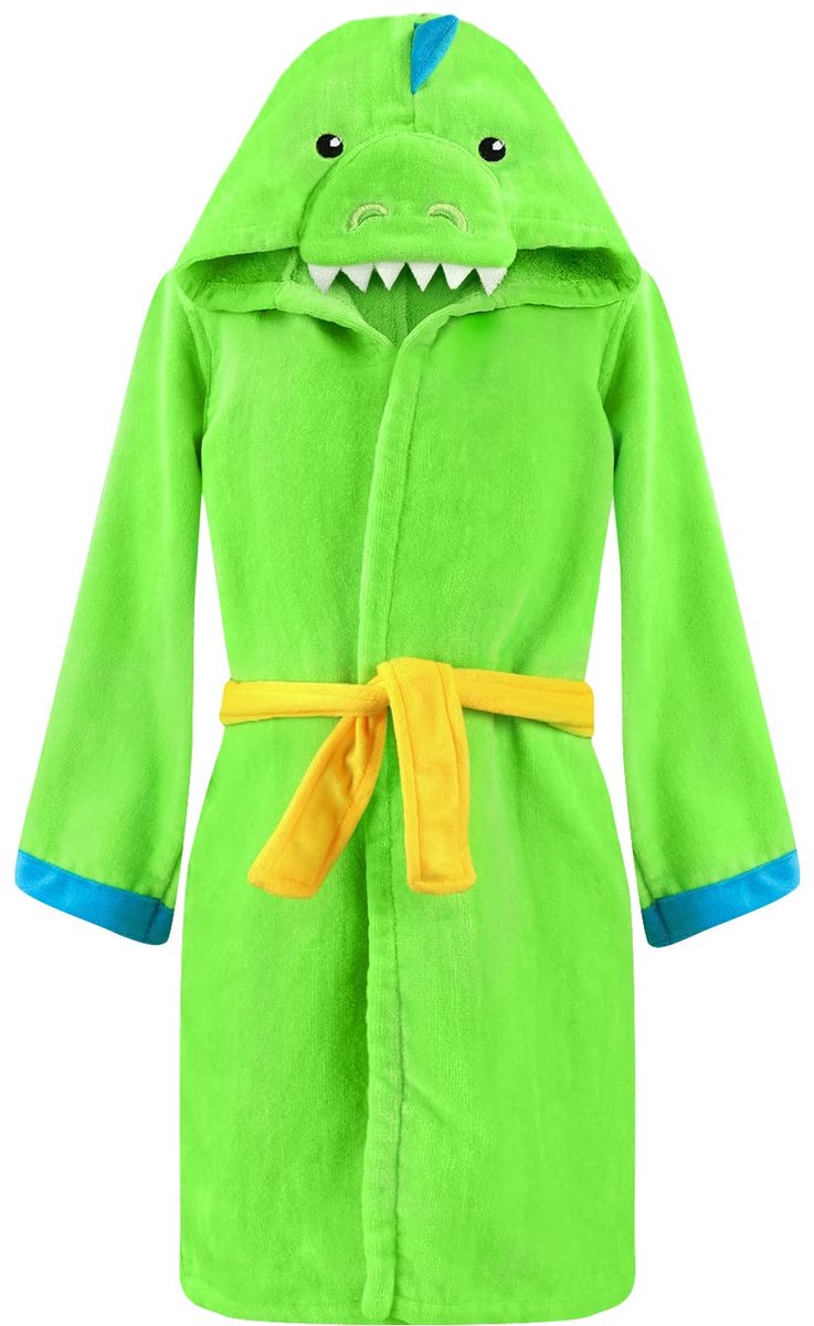SnelShoppen - Badjas Dinosaurus Kinderen, Zachte Pluizige Kinderbadjas met Capuchon voor Meisjes en Jongens, Groen, 100% Katoen, Perfect voor Thuis en