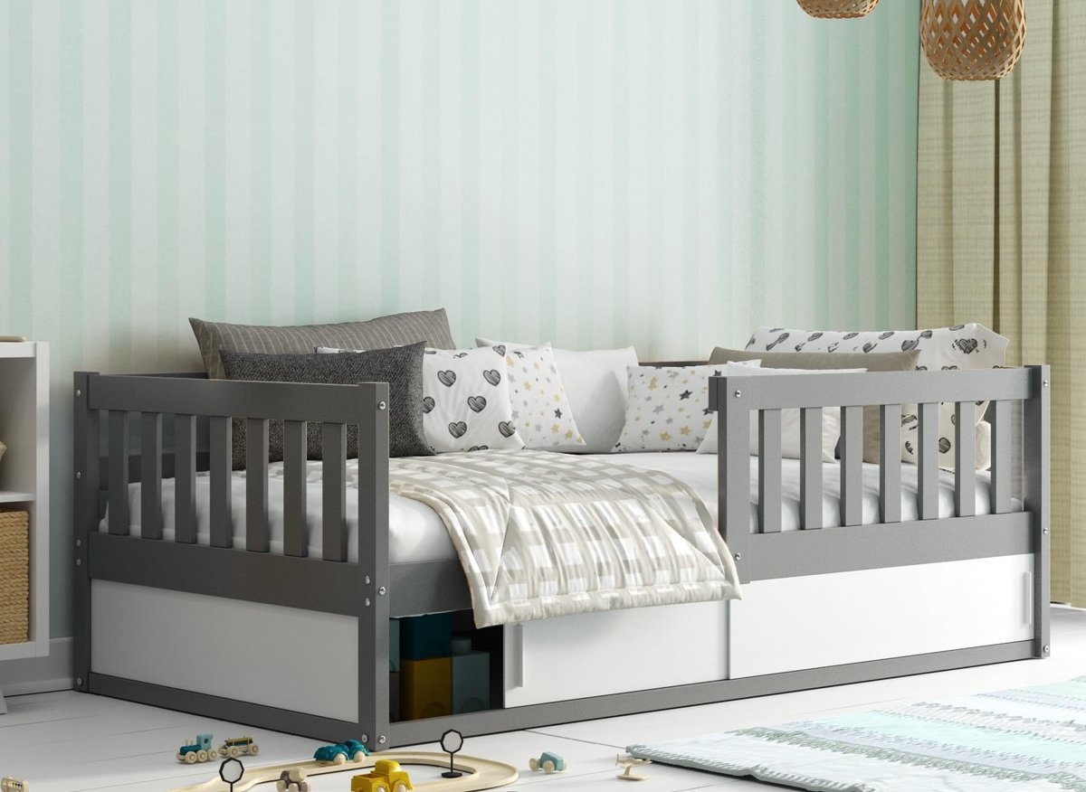 Dailygoods- Kinderbed 160x80 - Veilig Peuterbed - Massief Hout - Uitvalbeveiliging - Vloerbed - Geschikt voor Jongens/Meisjes - Comfortabel Ontwerp