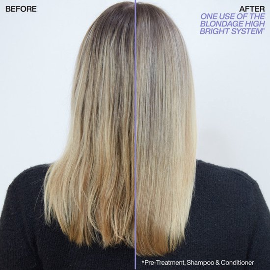 Photo avant/après de cheveux. À gauche : avant traitement, cheveux blonds ternes et jaunâtres. À droite : après une seule utilisation du système Blondage High Bright, cheveux blonds brillants et éclatants.