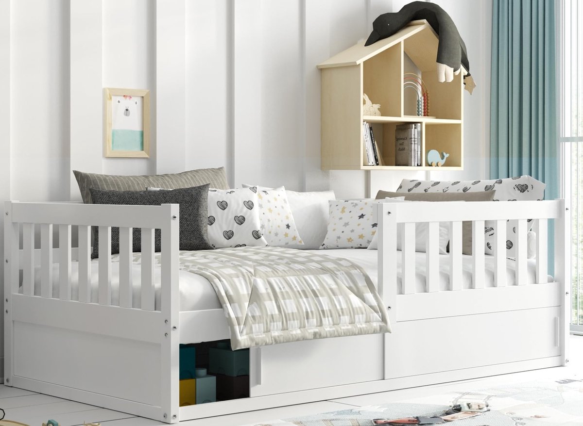 Dailygoods- Kinderbed 160x80 - Veilig Peuterbed - Massief Hout - Uitvalbeveiliging - Vloerbed - Geschikt voor Jongens/Meisjes - Comfortabel Ontwerp