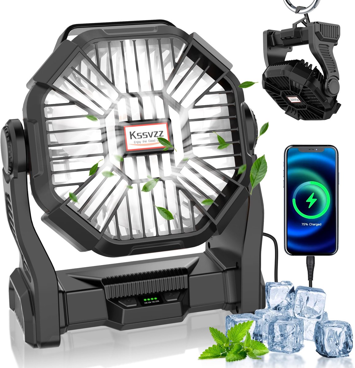 SnelShoppen - Campingventilator met LED-licht, 20.000 mAh, 4 snelheden, USB-ventilator, oplaadbaar met haak, draagbare accuventilator voor kamperen, v