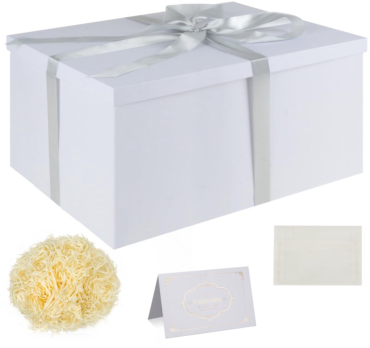 SnelShoppen - Geschenkboxenset Witte Geschenkdozen met Deksel Grote Doos met Lint 38x28x19 cm Inclusief Zijdepapier en Wenskaarten voor Kerstmis Verja
