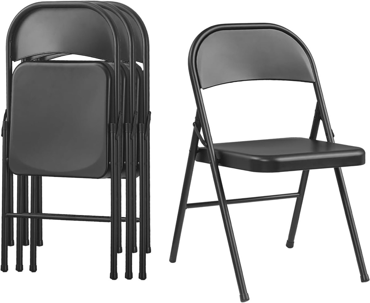 SnelShoppen - Volledig Stalen Vouwstoelen met Metalen Frame - Dubbel Scharnierende Vouwstoelen voor Binnen en Buiten - 4-Pack - Zwart - Ideaal voor Fe