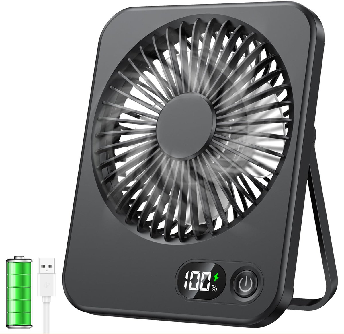 SnelShoppen - ITJMRJP Mini Desktopventilator USB Draagbaar Oplaadbaar 2500 mAh met LCD-Display en 5 Snelheden voor Kantoor Thuis Camping Zwart