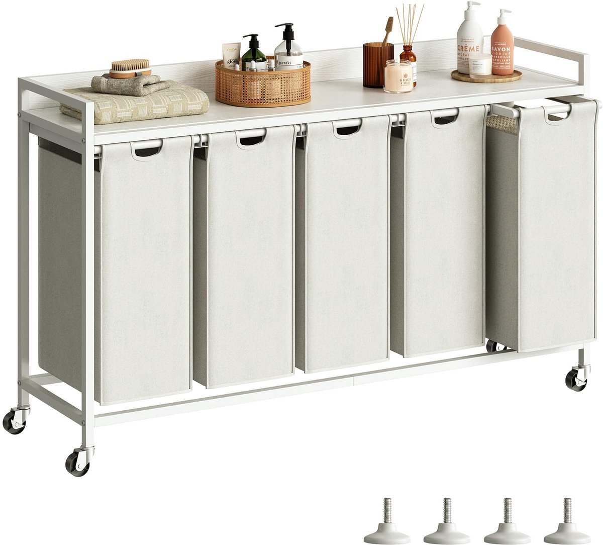 SnelShoppen - Wasmand met Plank - 300L Wasmand 5 Compartimenten - Wassorteerder met 5 Uittrekbare Zakken - Verstelbare Poten en Beweegbare Wielen - Me
