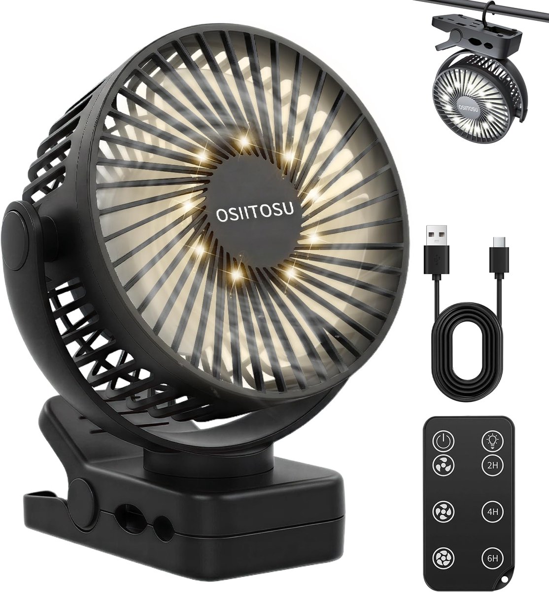 SnelShoppen - Draagbare USB-ventilator met Clip 12000 mAh, Stille Miniventilator met 3 Snelheden, Oplaadbaar en Draaibaar voor Thuis, Kantoor, Camping