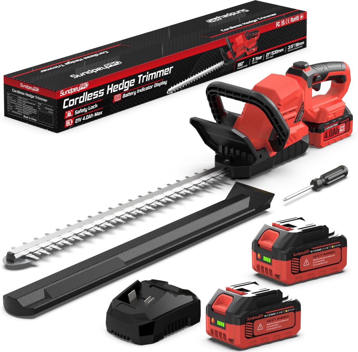 SnelShoppen - 21 V Accu Heggenschaar met 2 x 4,0 Ah Accu's en Oplader, 21 Inch Tuin Heggenschaar voor Struiken en Heesters, Rood, Draadloos en Lichtge