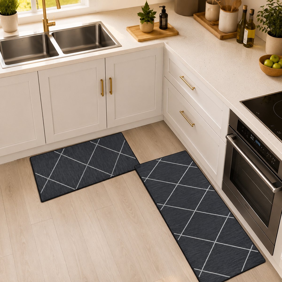 Antislip keukentapijtenset - 2 stuks waterabsorberende vloermatten - 40 x 60 cm en 40 x 120 cm - Grijs met blauw