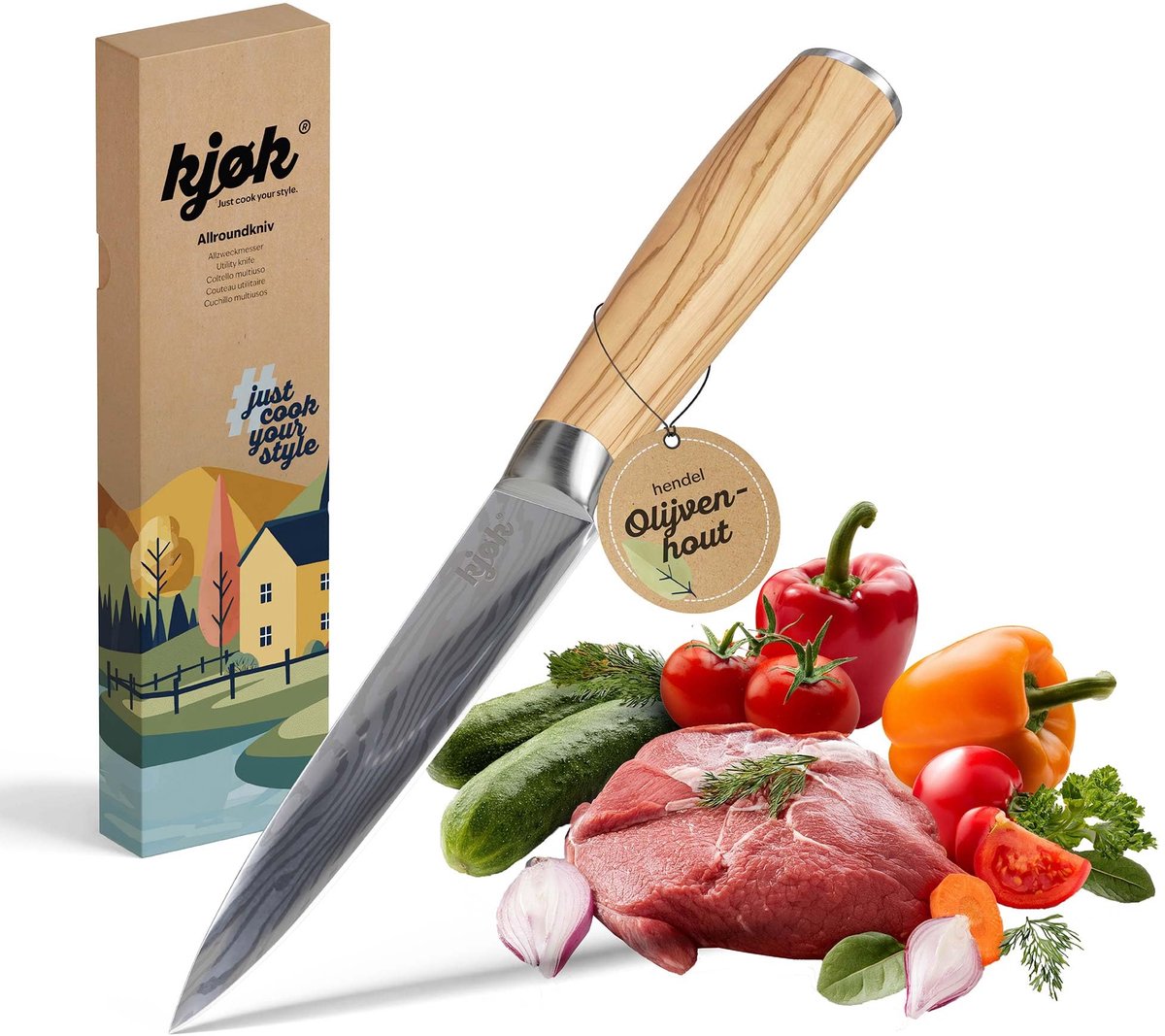 SnelShoppen - Professioneel Keukenmes 13 cm - Japans Damastmes - Klein Schilmesje - Olijfhout Handvat - Perfect voor Groenten, Koken, Keukenaccessoire