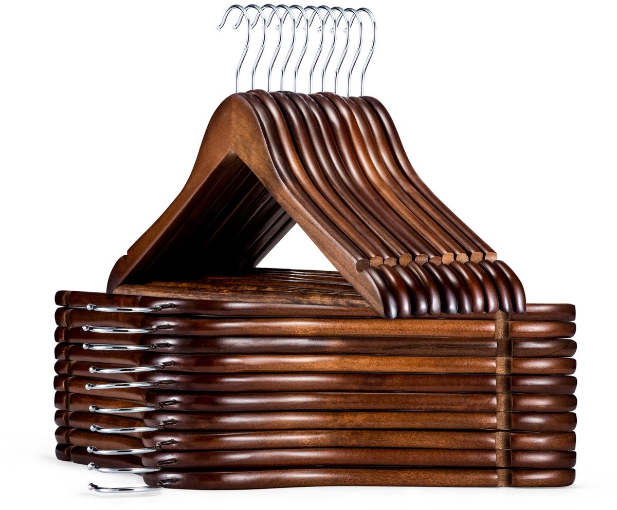 SnelShoppen - Houten Kleerhangers 30 Stuks, Walnoot, Glad Overtrek, Draaibare Haken, Schoudergroeven, Massief Hout voor Jassen, Pakken, Kleding Organi