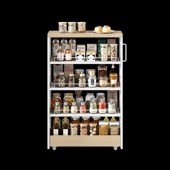 FloraGrace Opbergwagen - 20 Cm Smal - 4 Verstelbare Planken - MDF - Wit met Houtlook - Op Wielen Voor Keuken, Badkamer en Voorraadkast — afbeelding 2