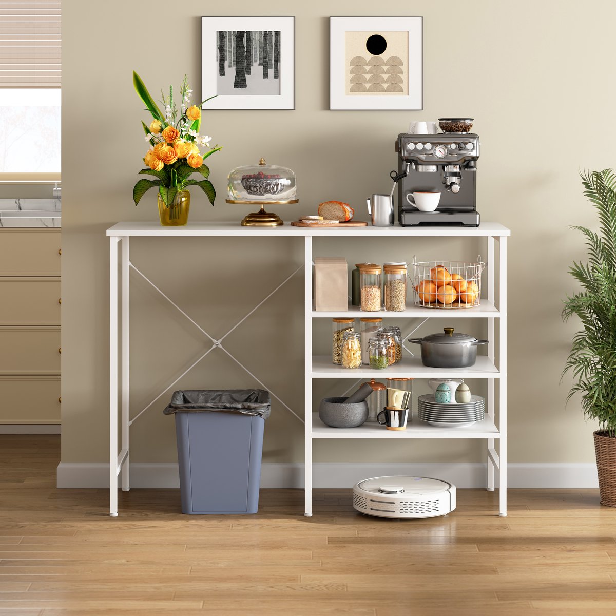 FloraGrace Sidetable - 120 x 40 x 85,5 cm - Vrij Combineerbare Opbergrekken - Metaal En MDF - Wit - Voor Keuken Woonkamer Kelder Of Garage