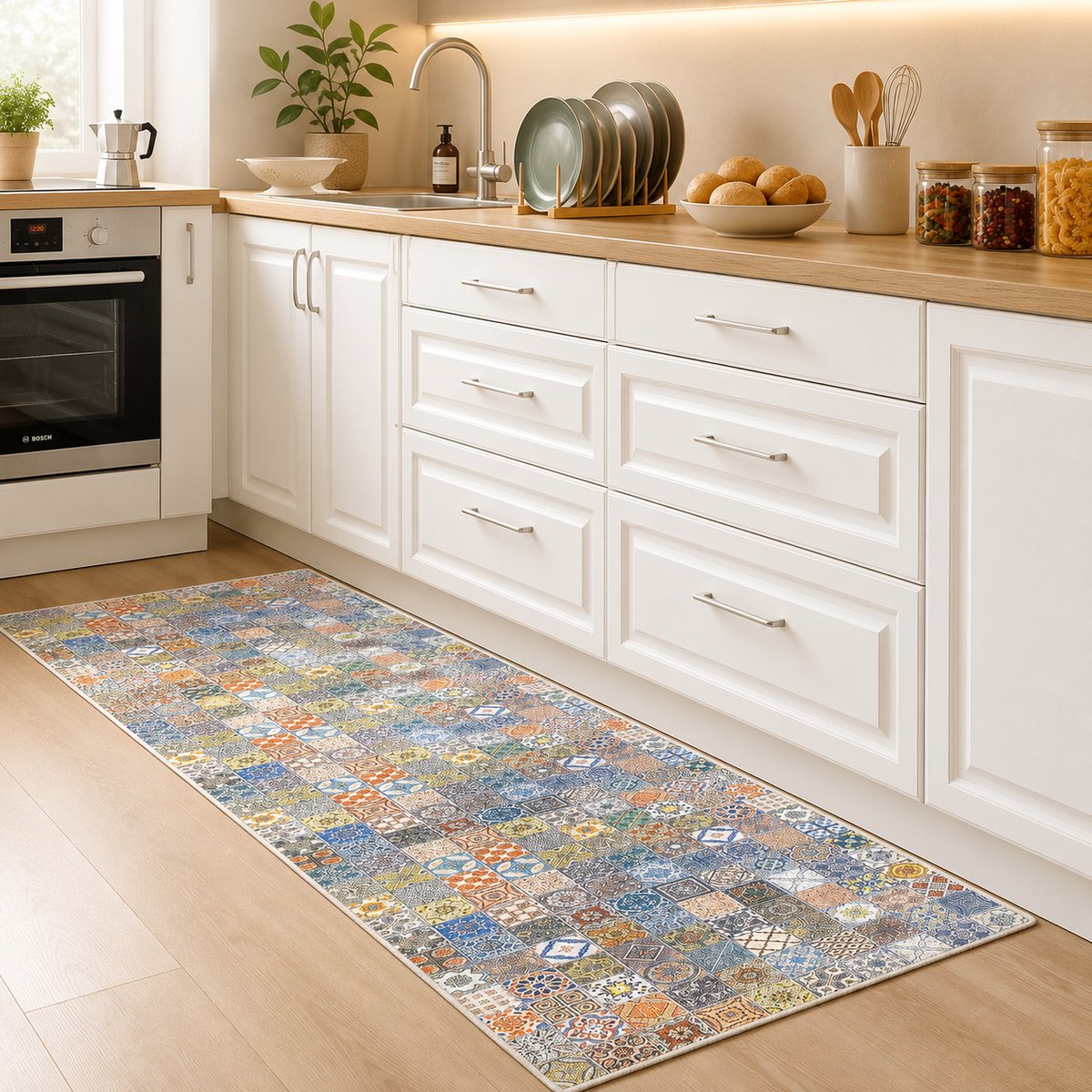 Keukenloper 80 x 200 cm - Tegellook - Antislip - Wasbaar - Modern Design - Blauw veelkleurig