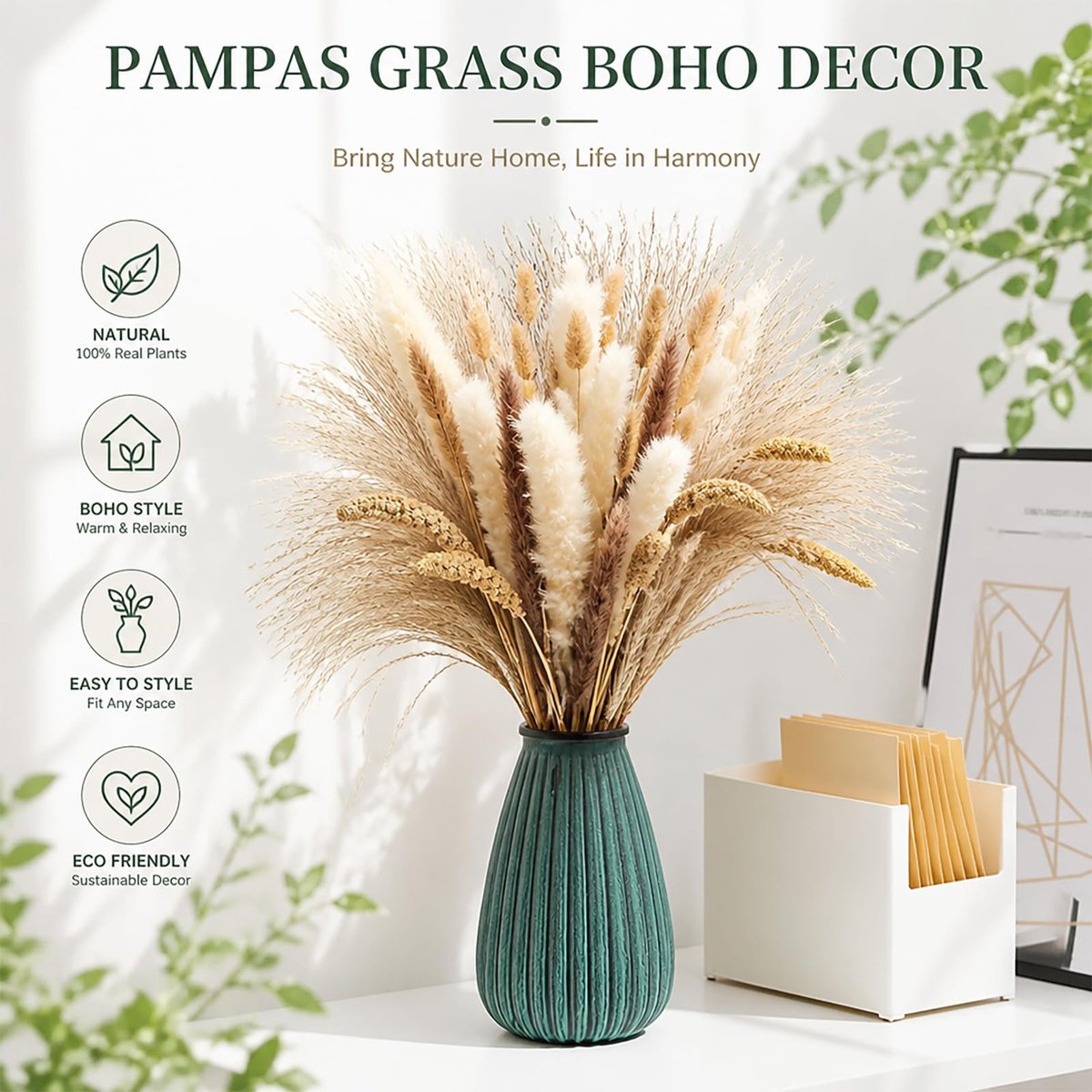 SnelShoppen - Pampasgras Gedroogde Bloemen - 90 Stuks Natuurlijke Rietbloemen voor Doe-Het-Zelf Boeketten - Perfect voor Herfst en Winter Decoratie in