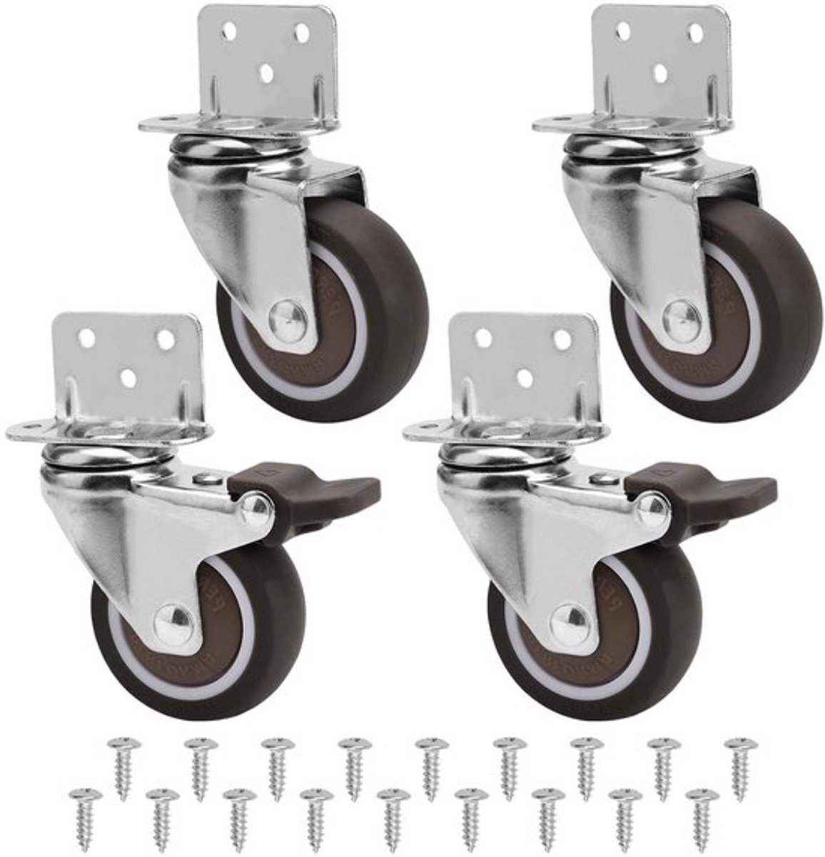 Meubelwielen 50mm met L-montageplaat - Set van 4 stuks - Draagvermogen 115 kg - Met remmen - Zwenkwielen voor meubels, kribben en bloemenstandaard