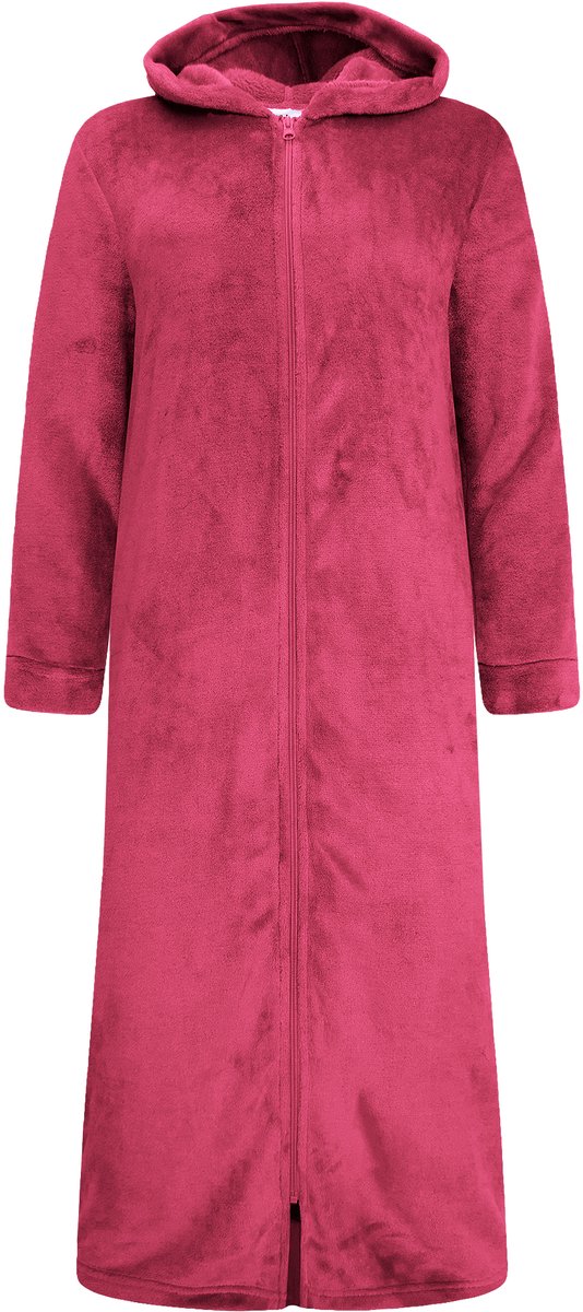 Extra Lange Dames Rits Badjas met Capuchon en Zijzakken - Ochtendjas - Superzacht Coral Fleece - Bordeaux Rood - Maat XXL/3XL - 8206-Red