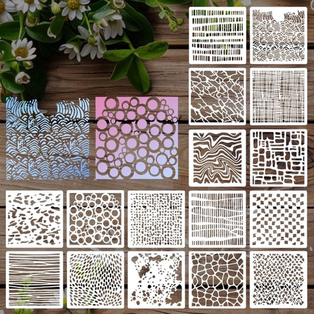 - Schilderstencils - 16-delige set - Herbruikbare sjablonen - 15x15 cm - Creatieve muurdecoratie - Geschikt voor meubels