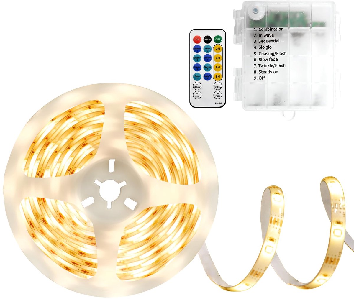 SnelShoppen - LED Strip 5M Batterij 150 LED 2835 SMD - Zelfklevend Lichtband met Afstandsbediening - Warm Wit voor Slaapkamer Thuisdecoratie - 8 Modi