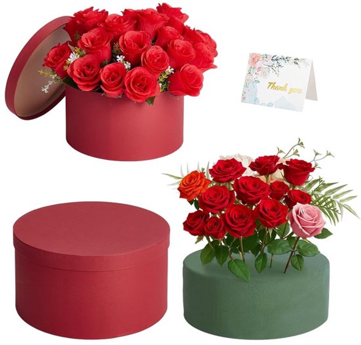 Geschenkdoos Rood - Ronde Geschenkdoos met Deksel - Bloemenschuimset - 23,4 x 12,5 cm - Wenskaart - Perfect voor Moederdag/Jubileum - Cadeauverpakking