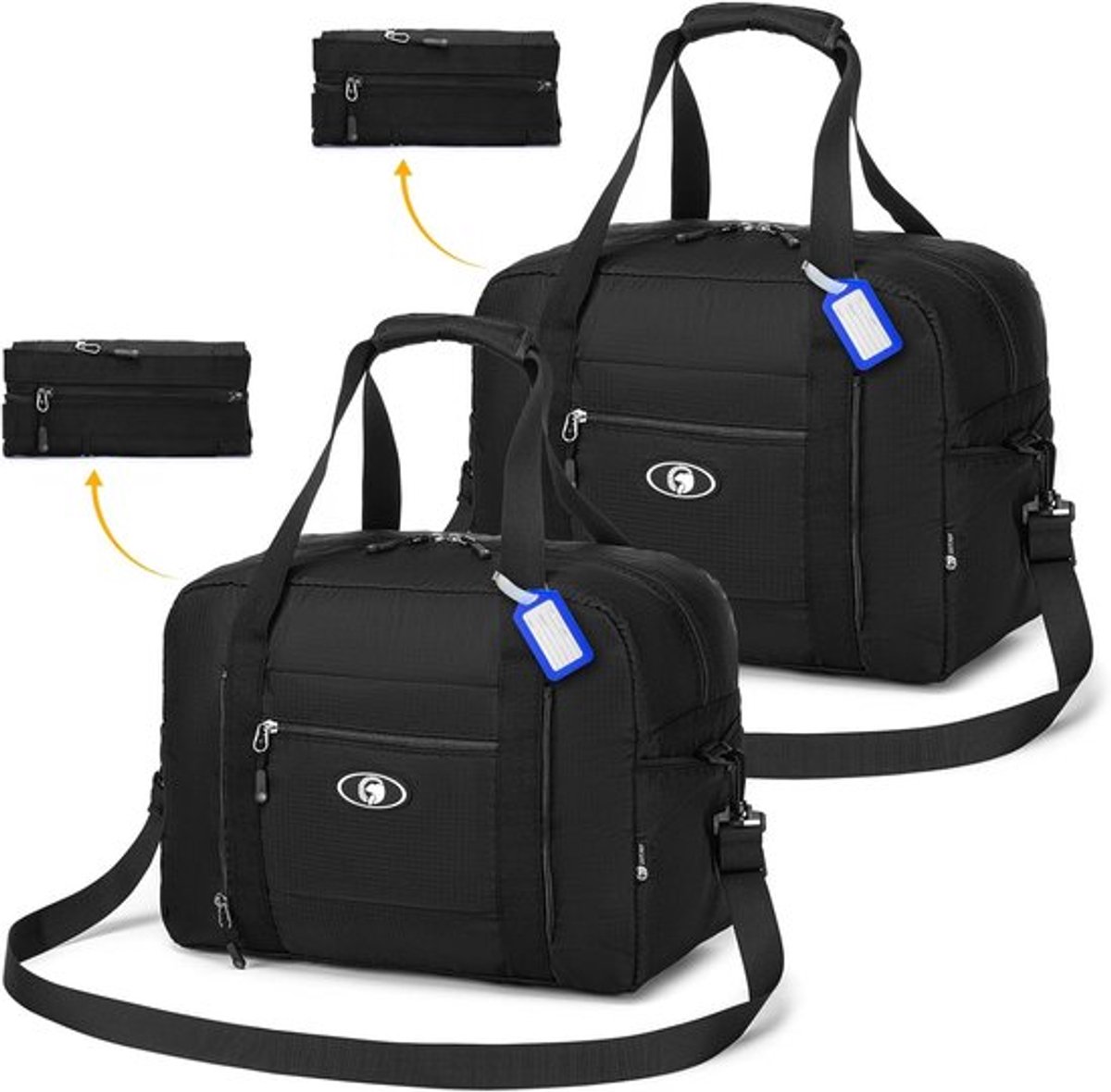 Thijox - 2x Opvouwbare Reistas Wizzair Volotea Handbagage 40x30x20 cm, Waterdichte Nylon Weekendtas, Sporttas, Koffer voor Ziekenhuis en Reis, Zwart