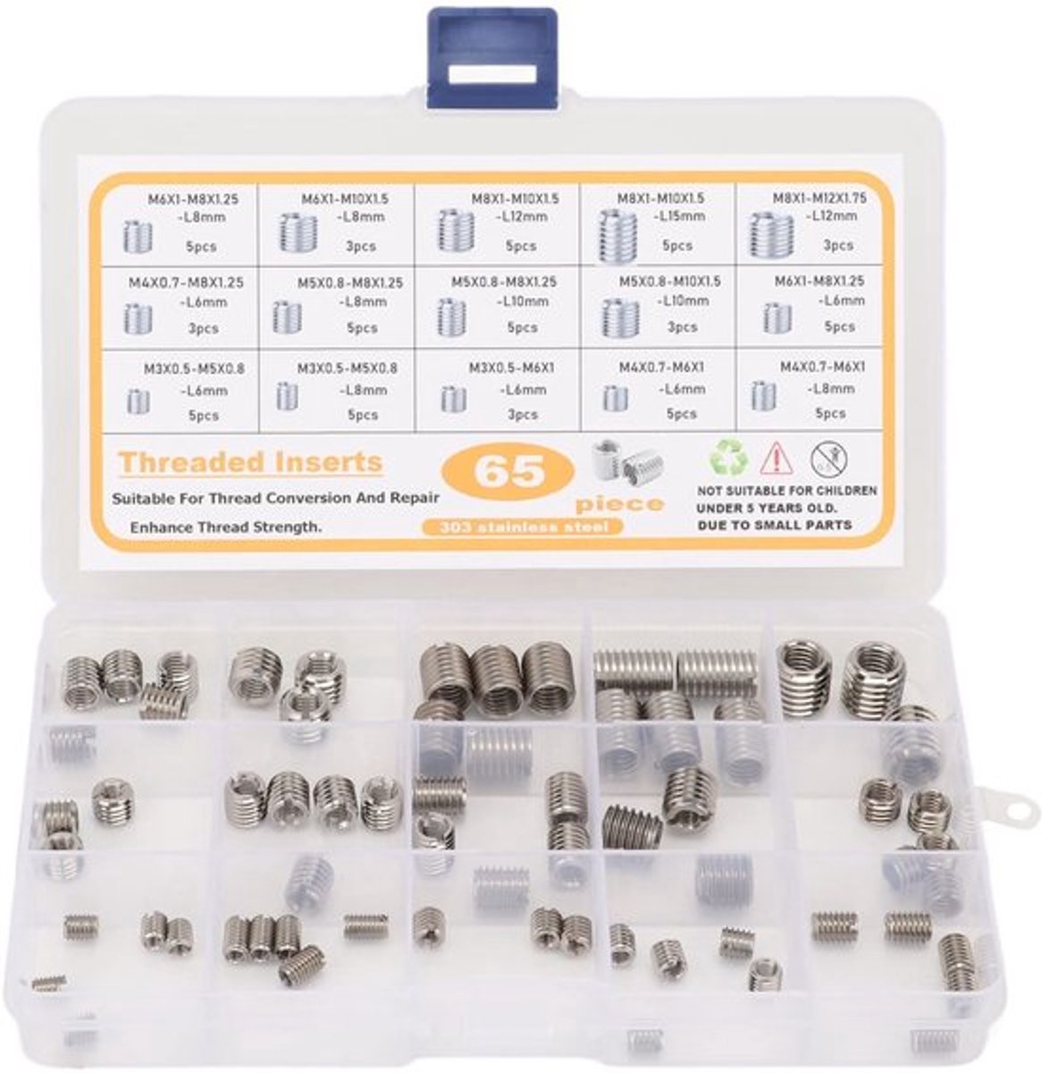 Inzetstuk 65PCS - Roestvrij Staal - Binnendraad Moer - Draad Reparatie Mouwen - Vermindering Noten - Inclusief Plastic Doos - Draadmoer