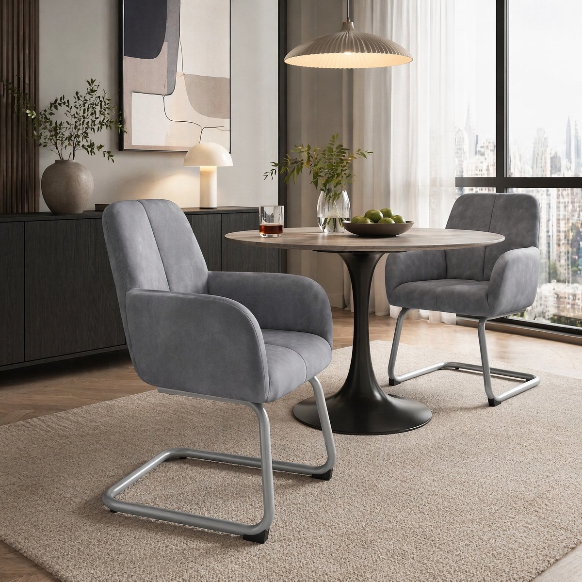 COVREO Eetkamerstoel set van 2 - 86 cm - grijs leer met armleuningen en metalen sledeframe