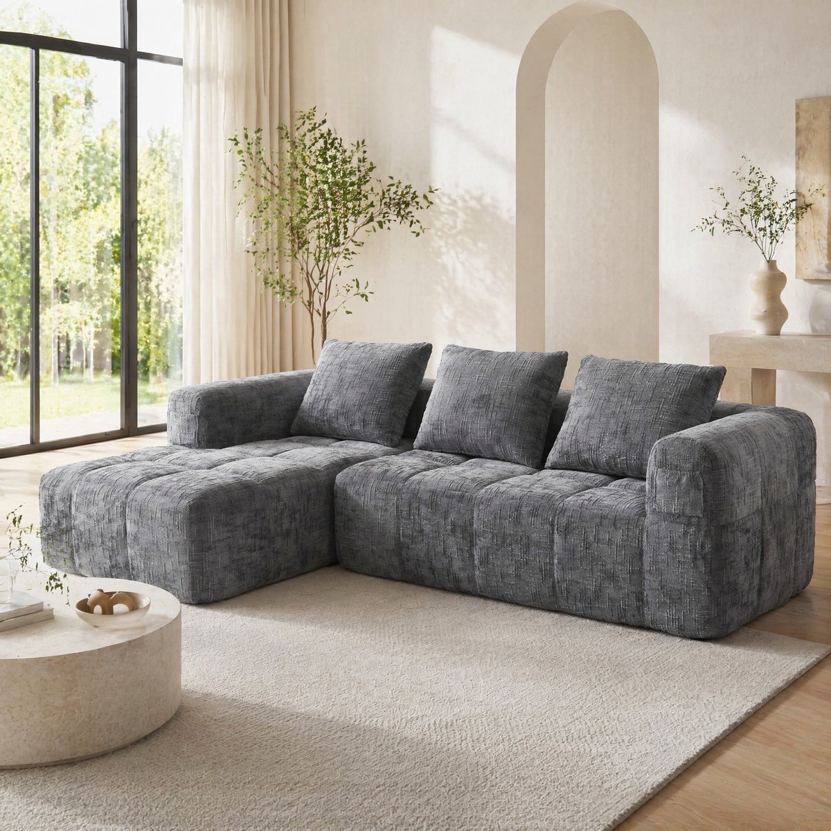 COVREO Hoekbank 250x158x60 cm grijs chenille met chaise longue, 3 zitplaatsen en zijvakken