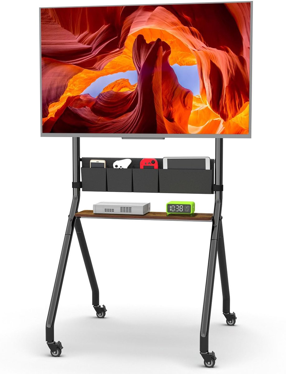 SnelShoppen - Rollende TV-standaard met Opbergzakken voor 32-75 inch LCD/LED/OLED Platen - In Hoogte Verstelbaar - Mobiele TV-wagen met Wielen - Tot 1