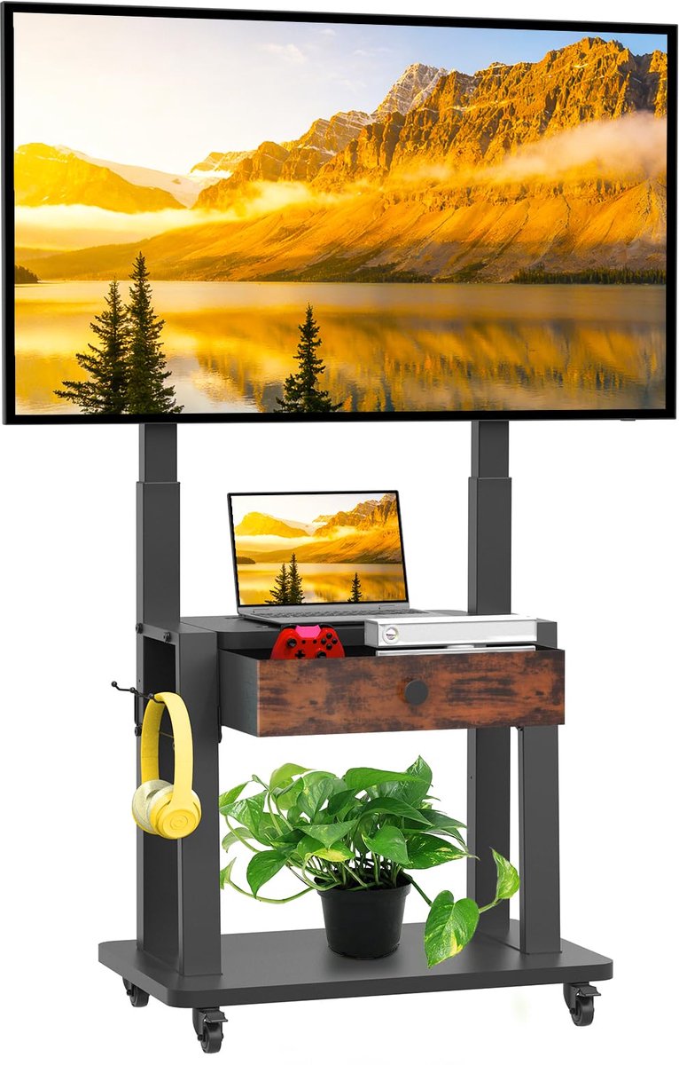 SnelShoppen - Rollende TV-standaard met stoffen lade voor platte schermen 32-75 inch, hoogte verstelbaar, mobiele tv-wagen op wielen, opbergruimte tot