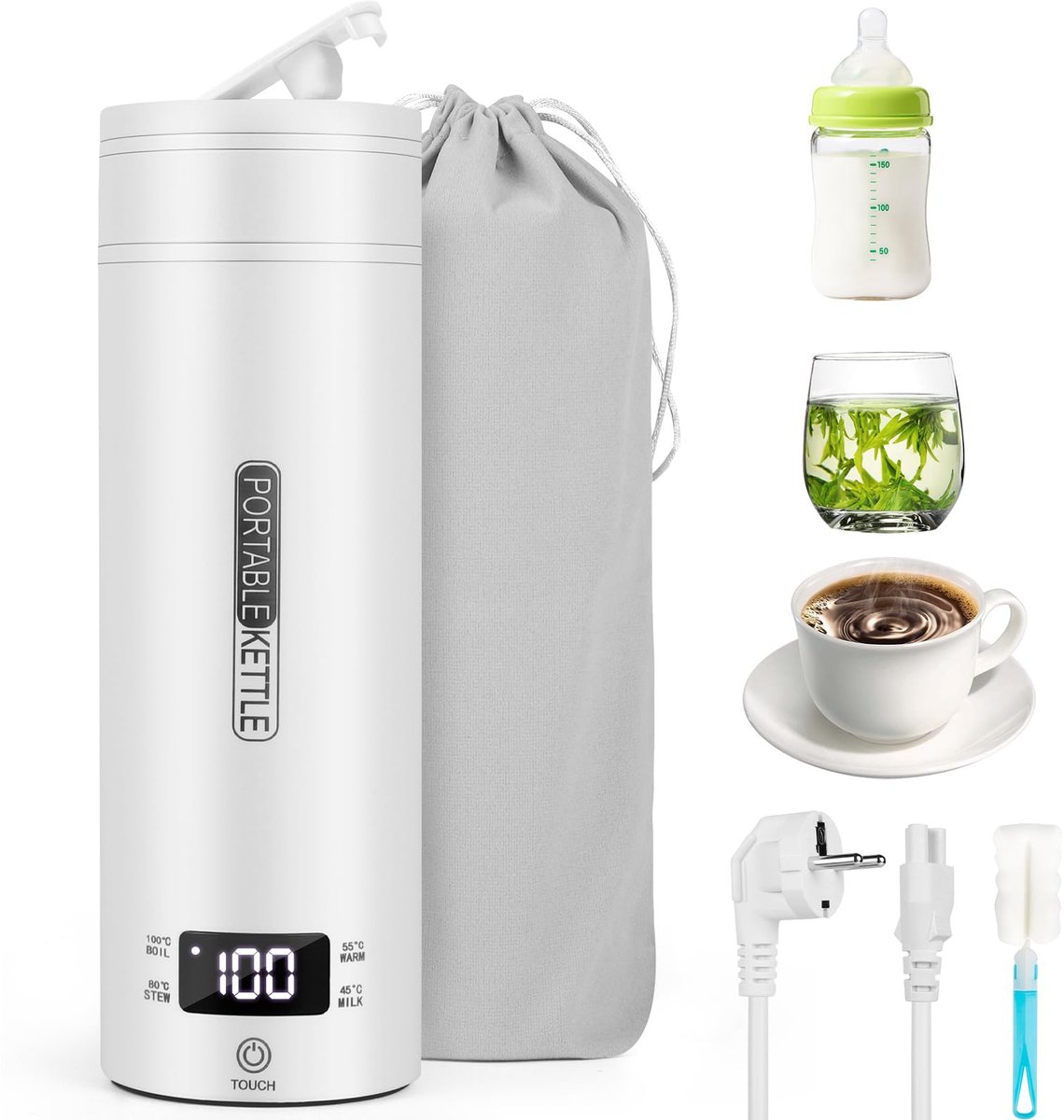 SnelShoppen - Draagbare Reiswaterkoker 500 ml, Elektrische Waterkoker met Temperatuurinstelling, Roestvrij Staal 316, Automatische Uitschakeling voor
