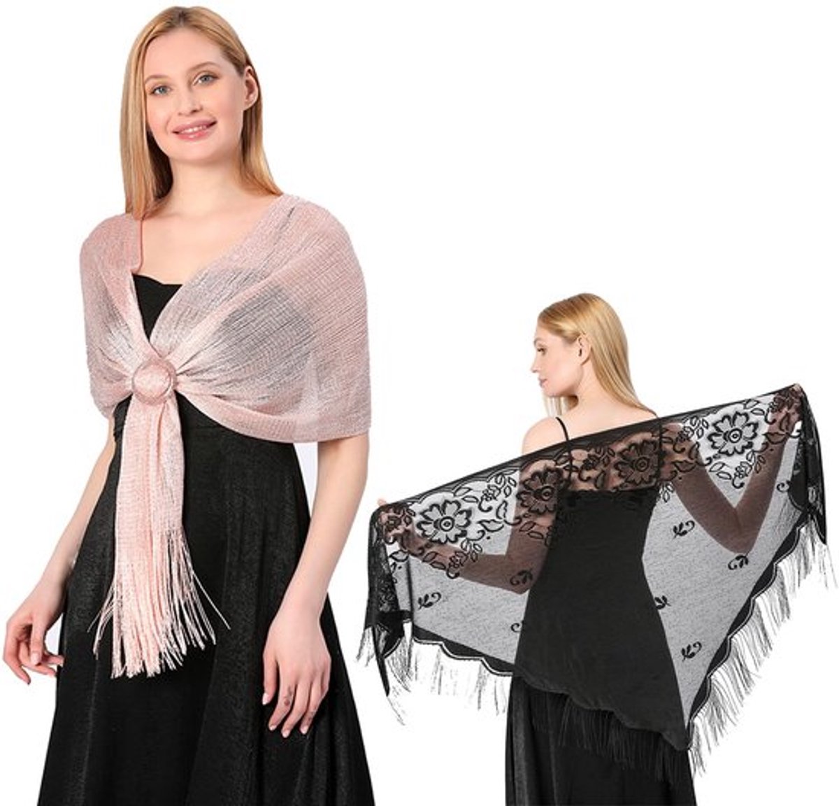 - Vrouwen sjaals - Elegante sjaals voor bruiloften - Set van 2 - Kleur: zwart en roze - Shiny sjaals voor feesten - Geschikt voor avondkled...