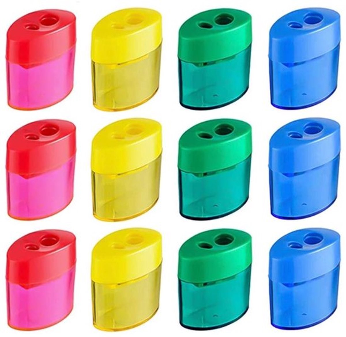 Set van 12 potloodpuntenslijpers met dubbel gat, kleuren, kunststof, voor thuiskantoor en klaslokaal